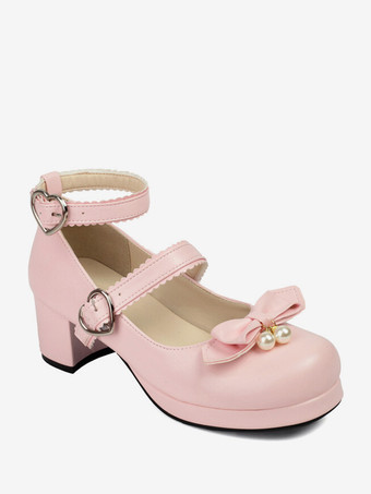 スイートロリータフットウェア ブラックリボン ラウンドトゥ PUレザー ロリータパンプス