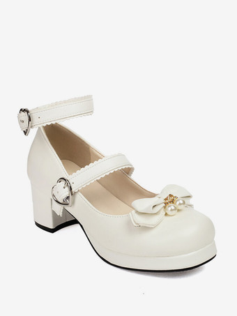 スイートロリータフットウェア ブラックリボン ラウンドトゥ PUレザー ロリータパンプス