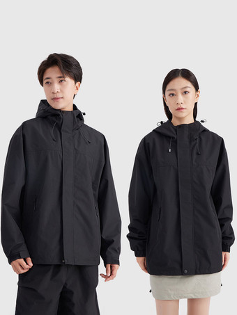 ブラック 防水ハイキングジャケット フード付き ユニセックス カラーブロック ジップコート