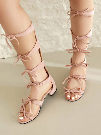 ピンクスイートロリータサンダル リボン ラウンドトゥ スエード ナップ エクリュ ホワイト ロリータ サマーシューズ