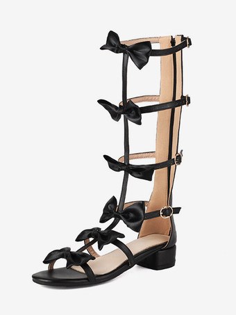 スイートロリータサンダル リボン ラウンドトゥ PUレザー ホワイトロリータ サマーシューズ