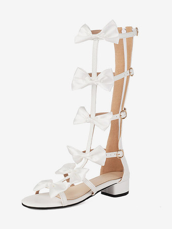 スイートロリータサンダル リボン ラウンドトゥ PUレザー ホワイトロリータ サマーシューズ