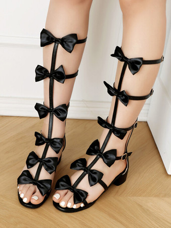 ブラック スイートロリータサンダル リボン ラウンドトゥ PUレザー ホワイトロリータ サマーシューズ
