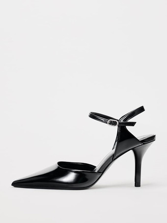 Black Slingback Dress Shoes Women Pointed Toe Buckle Detail High Heels
