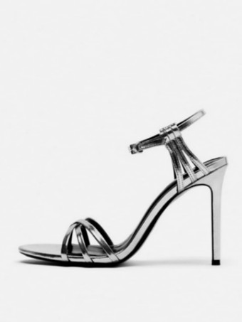 シルバー ゴールドヒールサンダル オープントゥ ストラップ アンクルストラップ パーティーシューズ