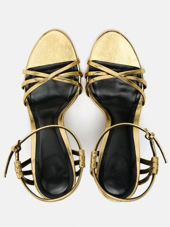 ゴールドヒールサンダル オープントゥ ストラップ アンクルストラップ パーティーシューズ