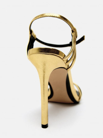 ゴールドヒールサンダル オープントゥ ストラップ アンクルストラップ パーティーシューズ