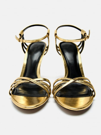 ゴールドヒールサンダル オープントゥ ストラップ アンクルストラップ パーティーシューズ