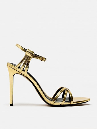 ゴールドヒールサンダル オープントゥ ストラップ アンクルストラップ パーティーシューズ