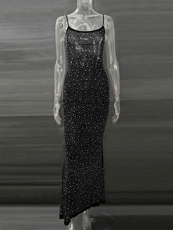 グリッタードレス スパゲッティストラップ バックレス セクシー ナイトアウト クラブ ロングドレス