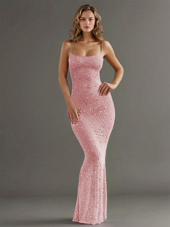ピンクグリッタードレス スパゲッティストラップ バックレス セクシー ナイトアウト クラブ ロングドレス