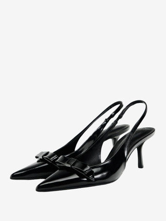 ブラック 黒のハイヒール、リボン、スリングバック、スティレットヒール、ドレスシューズ