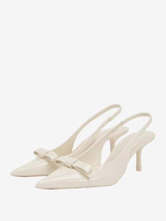 アイボリー 黒のハイヒール、リボン、スリングバック、スティレットヒール、ドレスシューズ