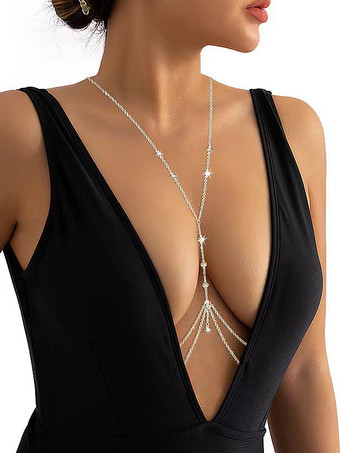 シルバー 絶妙なボディチェーン ビーズクリスタルビキニ リゾート チェストチェーン