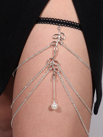 シルバー シンプルな太ももチェーン パールリーフ サマービキニ バケーションレッグチェーン