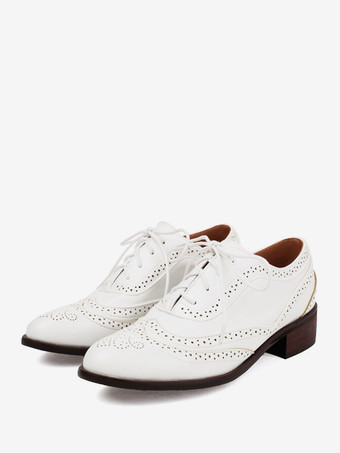 ホワイト レディースオックスフォード ラウンドトゥ パピーヒール PUレザー オックスフォードシューズ
