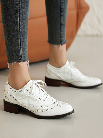 レディースオックスフォード ラウンドトゥ パピーヒール PUレザー オックスフォードシューズ