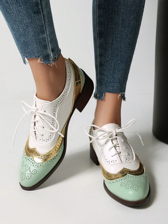 レディースオックスフォード ラウンドトゥ パピーヒール PUレザー オックスフォードシューズ