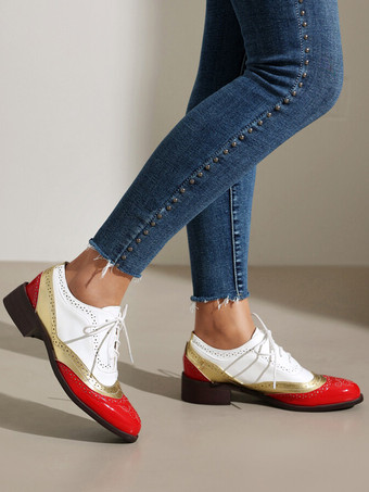 レディースオックスフォード ラウンドトゥ パピーヒール PUレザー オックスフォードシューズ