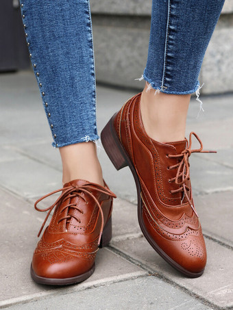 レディースオックスフォード ラウンドトゥ パピーヒール PUレザー オックスフォードシューズ