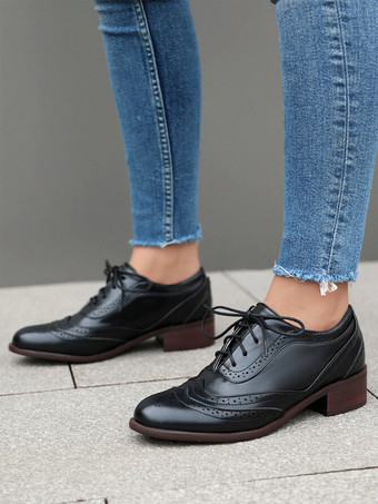 レディースオックスフォード ラウンドトゥ パピーヒール PUレザー オックスフォードシューズ