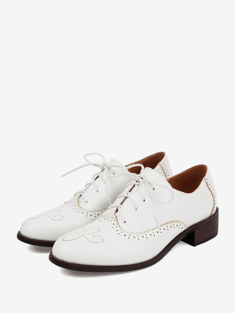 ホワイト レディースオックスフォード ラウンドトゥ パピーヒール レースアップ ヴィンテージシューズ