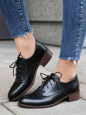 レディースオックスフォード ラウンドトゥ パピーヒール レースアップ ヴィンテージシューズ