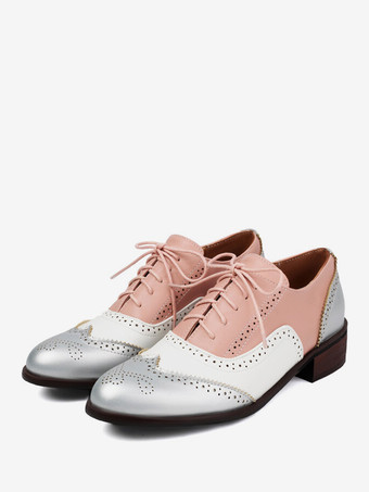 Pink Women's Oxfords Patchwork Round Toe Puppy Heel Oxford Shoes