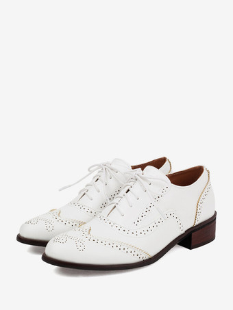 White Women's Oxfords Patchwork Round Toe Puppy Heel Oxford Shoes