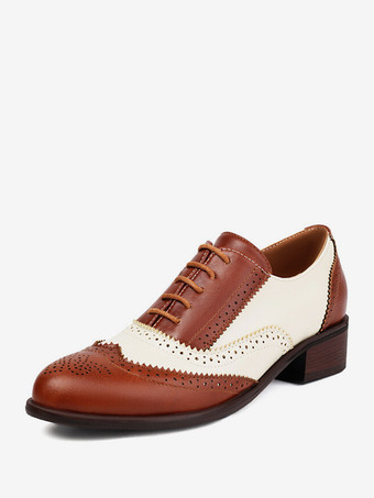 ブラウン レディースオックスフォード ラウンドトゥ パピーヒール レースアップシューズ