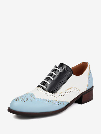 ライトスカイブルーレディースオックスフォード ラウンドトゥ パピーヒール レースアップシューズ