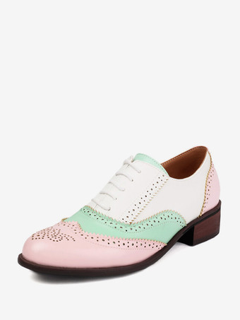 ピンク レディースオックスフォード ラウンドトゥ パピーヒール レースアップシューズ