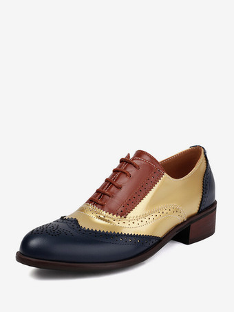 ゴールド レディースオックスフォード ラウンドトゥ パピーヒール レースアップシューズ