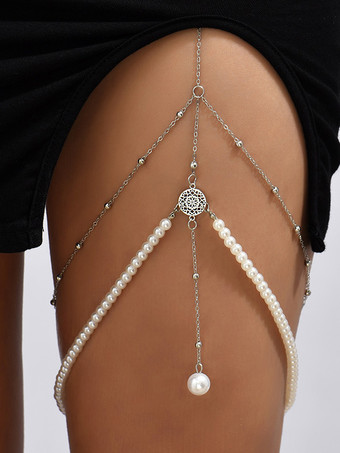 シルバー 上品な太ももチェーン レイヤードパールビーズビキニ ビーチレッグチェーン