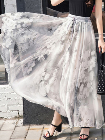 ライトグレー 花柄フルスカート ハイウエスト 春 夏 秋 カジュアルスカート