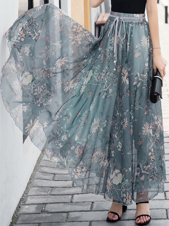グレーブルー花柄フルスカート ハイウエスト 春 夏 秋 カジュアルスカート