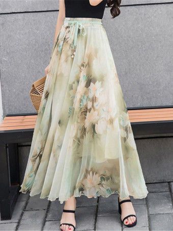 パステルグリーン花柄フルスカート ハイウエスト 春 夏 秋 カジュアルスカート