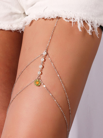 シルバー 太ももチェーン パール サンフラワー レイヤード シック ビキニ ビーチ レッグチェーン