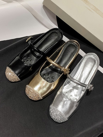 ブラック レディース フラットミュール シルバーバックルディテールミュール