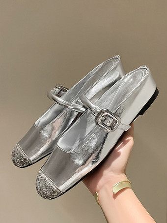 シルバー レディース フラットミュール シルバーバックルディテールミュール