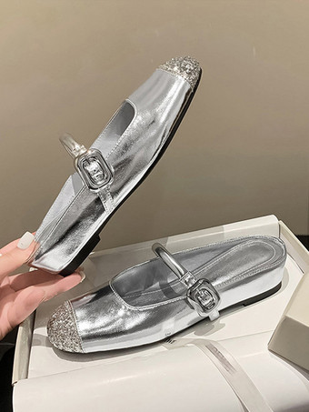 レディース フラットミュール シルバーバックルディテールミュール