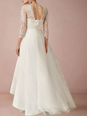 ボヘミアン ウェディングドレス シフォン アップリケ Aライン アシンメトリー ナチュラル ウエスト ジッパー 3/4 丈袖 Vネック アイボリー