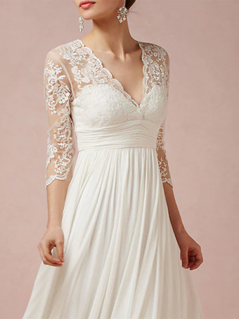 ボヘミアン ウェディングドレス シフォン アップリケ Aライン アシンメトリー ナチュラル ウエスト ジッパー 3/4 丈袖 Vネック アイボリー