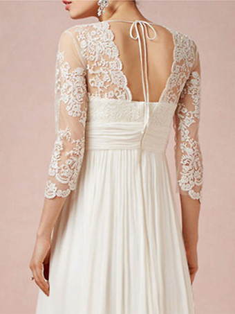 ボヘミアン ウェディングドレス シフォン アップリケ Aライン アシンメトリー ナチュラル ウエスト ジッパー 3/4 丈袖 Vネック アイボリー