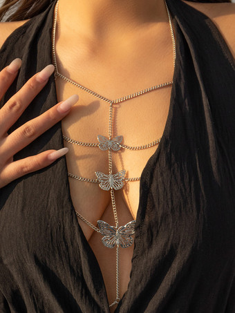 シルバー ボディチェーン バタフライ レイヤード シック ビキニ ビーチ チェストチェーン