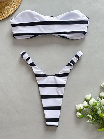 ツートンビキニ ストライプ 3D フラワー ハイカット トング ビーチ 2点セット