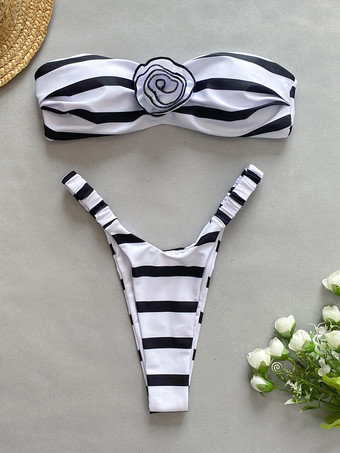 ツートンビキニ ストライプ 3D フラワー ハイカット トング ビーチ 2点セット
