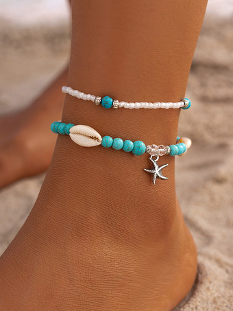 Anklet Cowrie Shells Beaded Pearl Starfish Layered Boho Ankle Bracelet