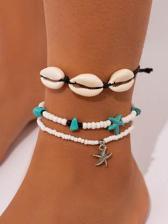 ホワイト アンクレット タカラガイ ビーズ パール ヒトデ レイヤード ボヘミアン アンクル ブレスレット
