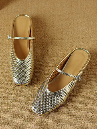 or Ballerines dos nu argentées bout carré détail boucle mules